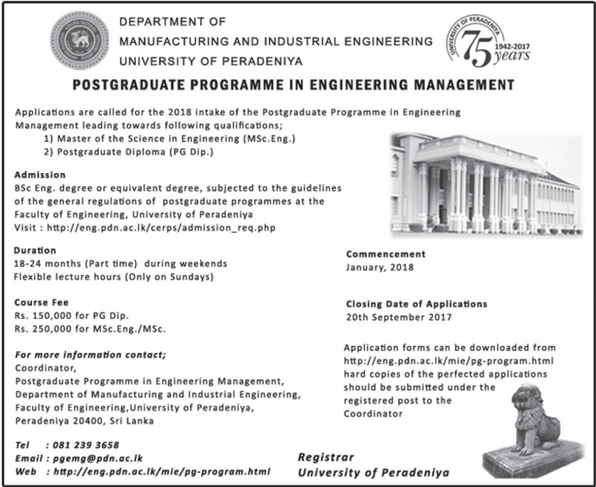 Postgraduate Programme in Engineering Management - Department of Manufacturing & Industrial Engineering - University of Peradeniya